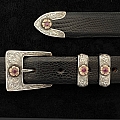 TAYLOR 1870 STERLING BUCKLE SET WITH 14K RG FLOWERS AND 4 MM RUBIES.