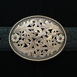 BROOKS 1813 STERLING SILVER FILIGREE BUCKLE WITH 14K OVERLAY SCROLLS, RUBIES AND ROPE EDGE