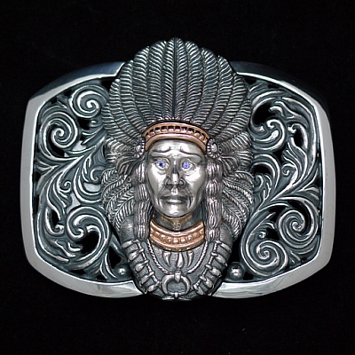 CHIEF JOSEPH 14K ROSE GOLD TRIM TANZANITE EYE FILIGREE TROPHY BUCKLE