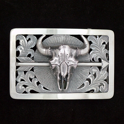 CHILDRESS 1805 FILIGREE 3X2 STERLING TROPHY WITH BISON SKULL, SS ARROW, ENGRAVED