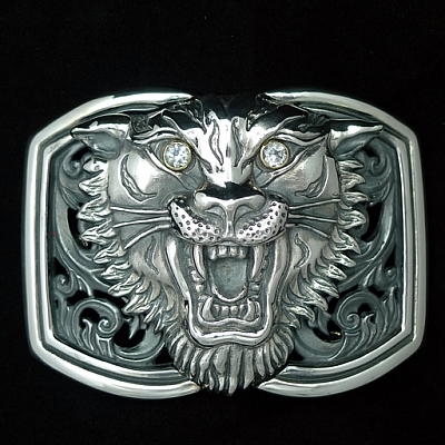 STERLING SILVER TIGER HEAD TROPHY BUCKLE WITH WHITE TOPAZ EYES
