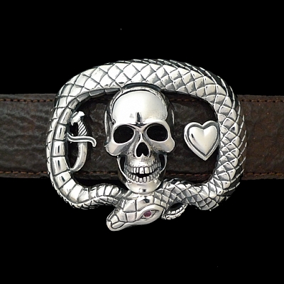 SNAKE SKULL HEART AND DAGGER STERLING SILVER TROPHY BUCKLE W 3.5 RUBY EYE